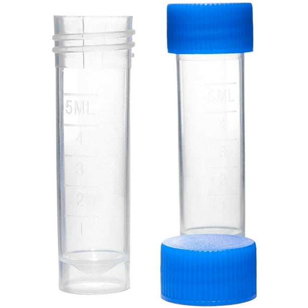 100 Pack Plastic Vial with Blue Screw caps, 5 ml Clear Test Tube Sample