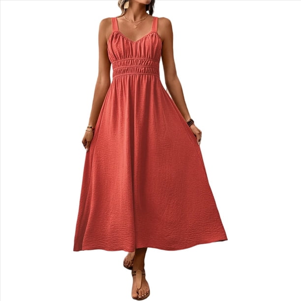 Vestidos Largos Fruncidos para Mujer, Vestido de Verano 2025, Informal, con Tirantes Finos y Corte en A, Vestido Fluido Color Caoba L