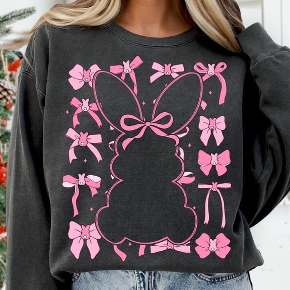 Pink Easter Coquette Bunny Sweatshirt, Floral Spring Bunny Crewneck, Happy Easter Pullover for Women