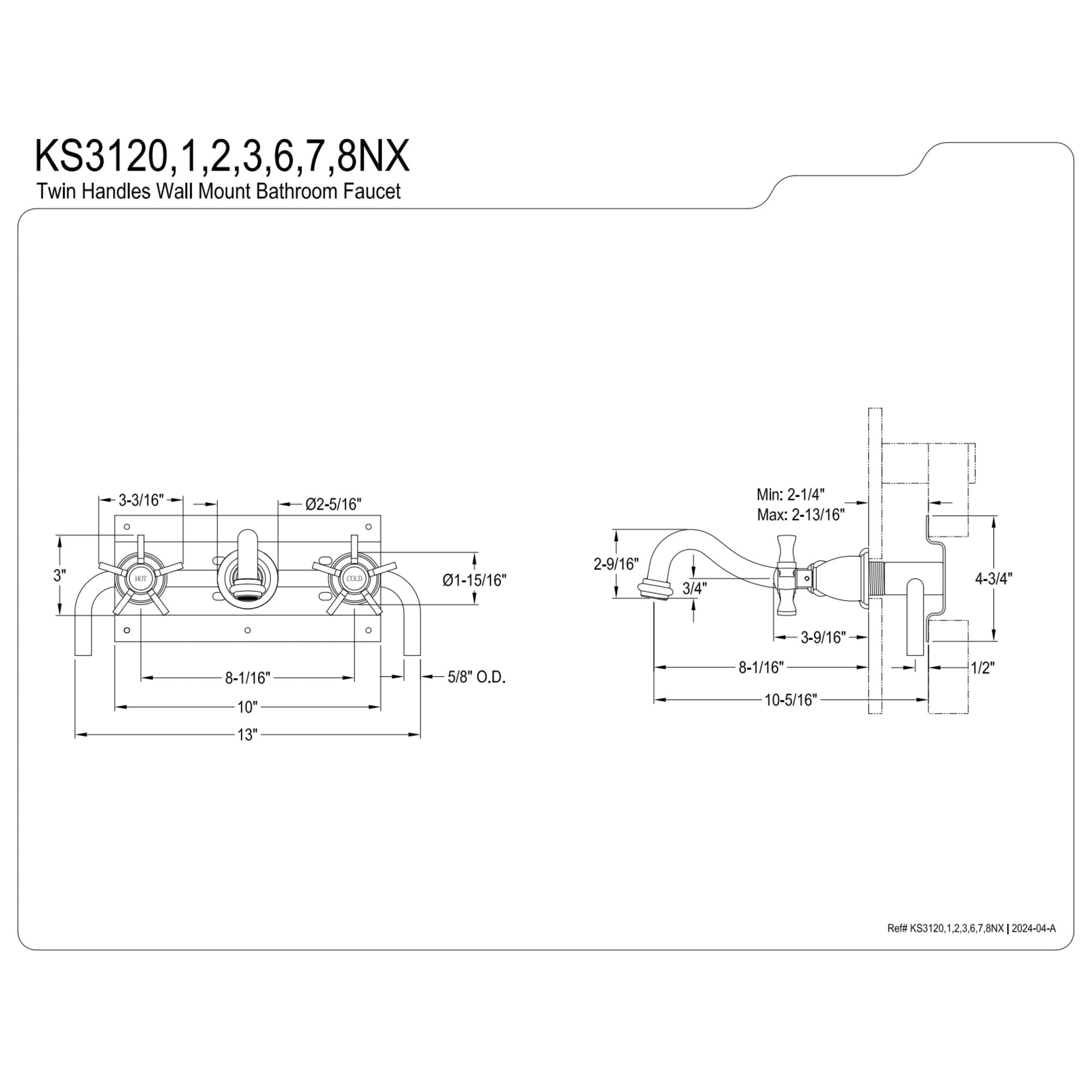 Kingston Brass KS3120NX Hamilton Double-Handle 3-Hole Wall Mount Bathroom Faucet in Matte Black