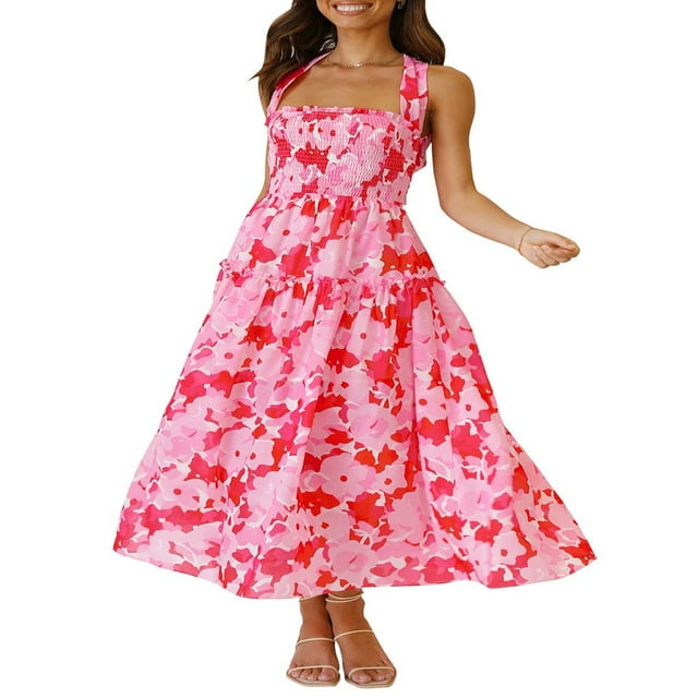 Robe Maxi Plissée d'Été pour Femmes Col Licou Sans Manches Robe d'Été Dos Croisé Fluide Maxi Long Robe d'Été