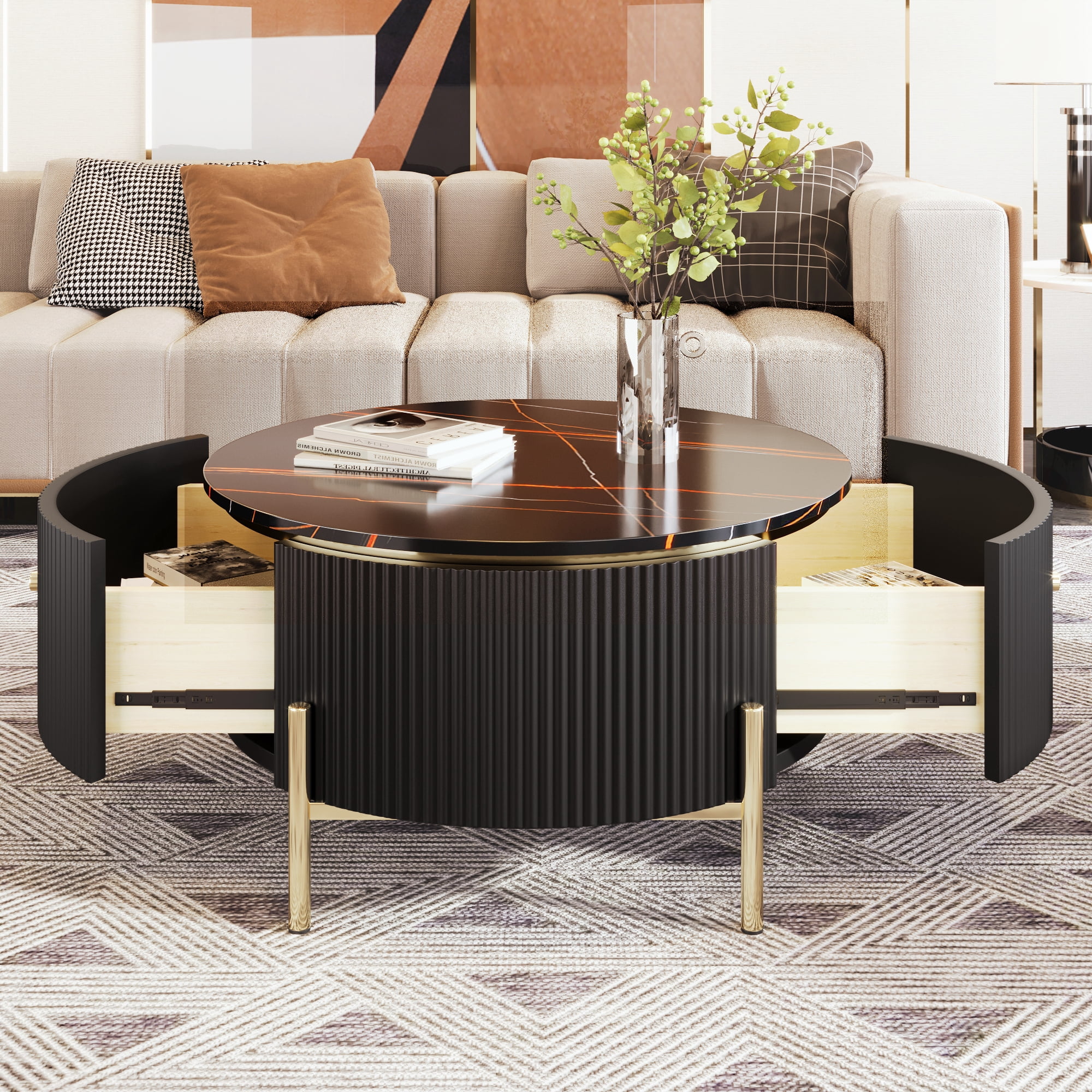 Euroco Modern Round Coffee Table with 2 large Drawers Storage Accent Table(31.5'')