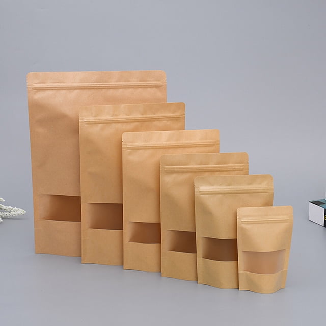 LOLIPPYY 50Pcs Reusable Kraft Paper Bags with Transparent Window and Glue Free Self-Adhesive Closure