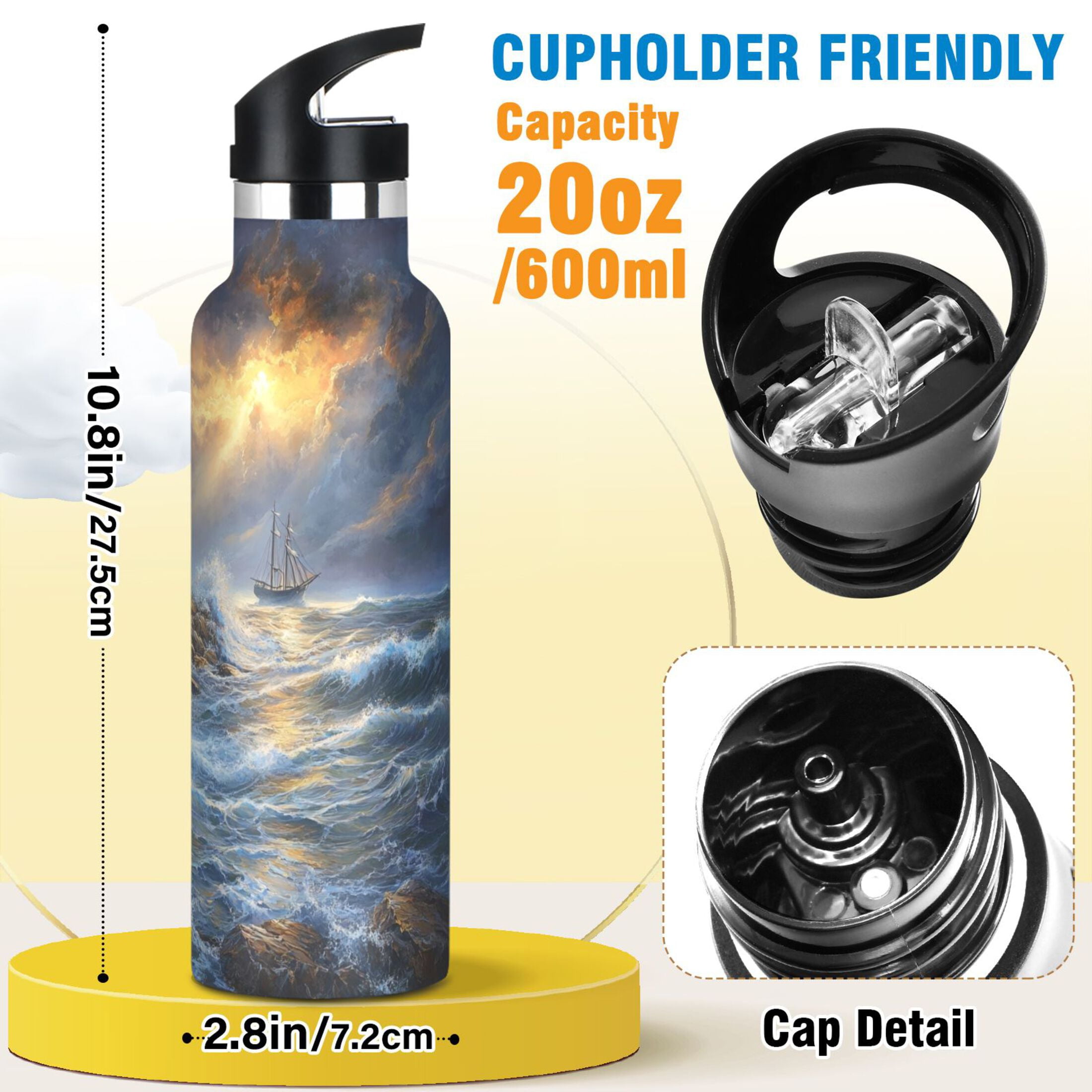 600ML Stainless Steel Insulated Cup Sports Water Bottle Portable Thermos Cup Water Glasses Insulated Tumblers Convenient and Durable Wind and Wave Lighthouse