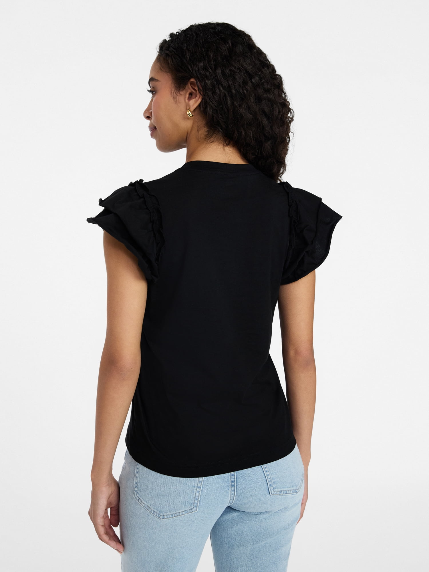 Time and Tru Women's Cotton Crewneck Tee with Ruffle Flutter Sleeves, Sizes XS-XXXL