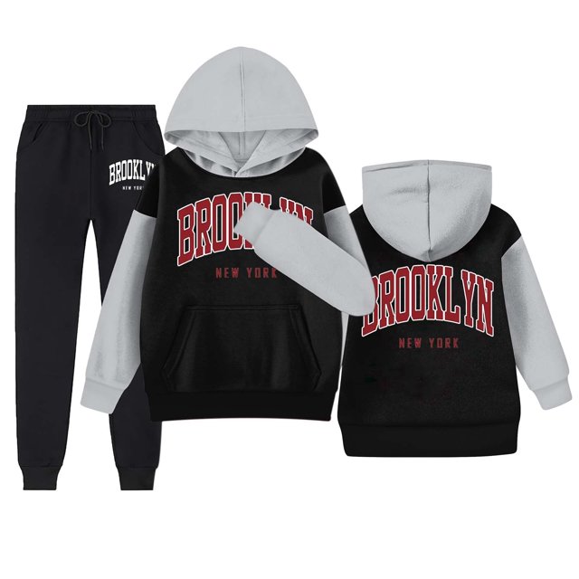 FhsagQ Tenues pour Filles Ensemble Sweat à Capuche Imprimé Lettres Automne et Hiver avec Poche Col Rond Manches Longues Pantalons Filles Tenues Printemps 4T Pâques Noir 5-6 Ans