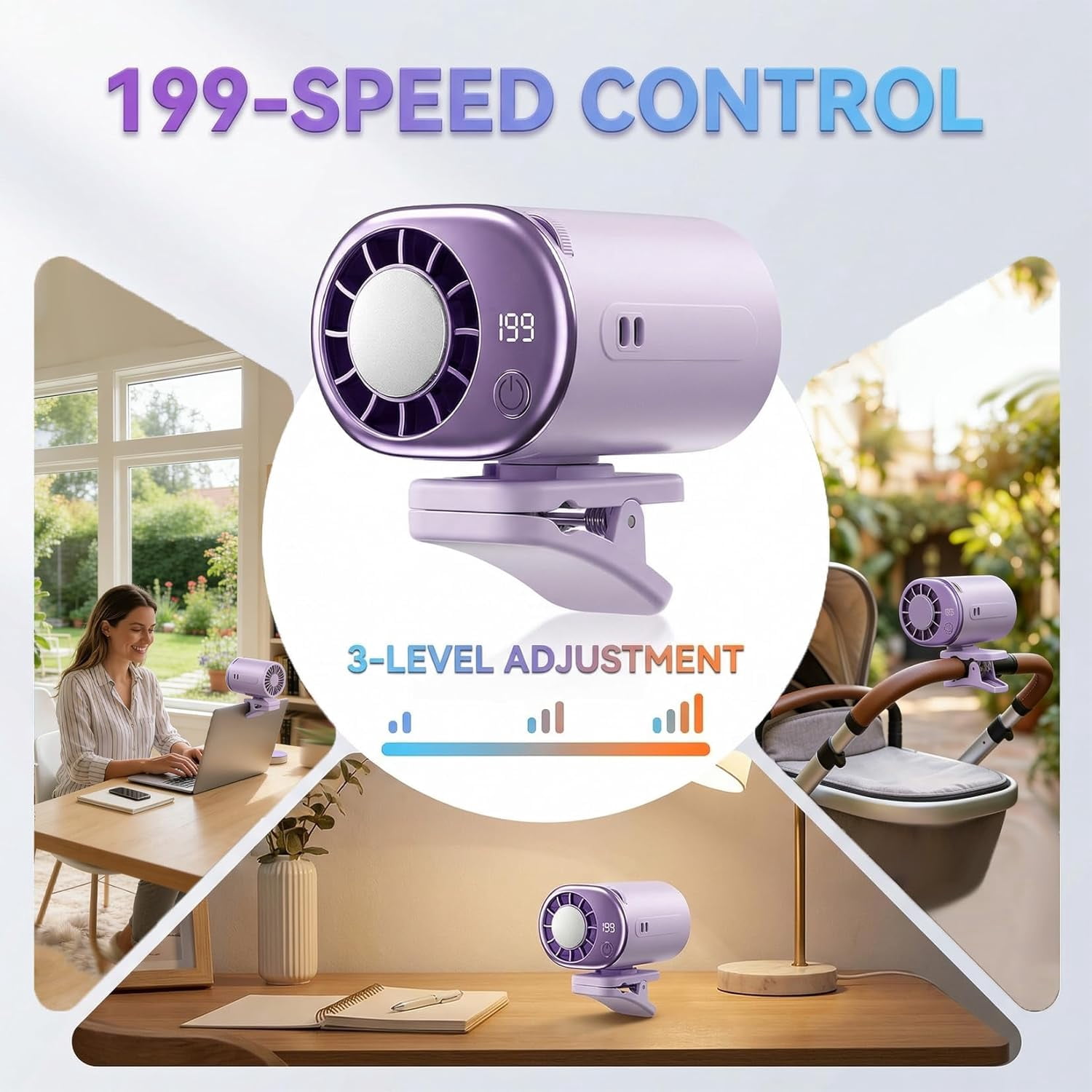 LC-dolida Silent Clip On Fan, Detachable Mini Fan with LED Display, Semi-Cooling 199 Speeds Adjustable 360° Rotation Long Battery Life for Car Desk Backseat Travel Gym Camping Stroller Use (Purple)