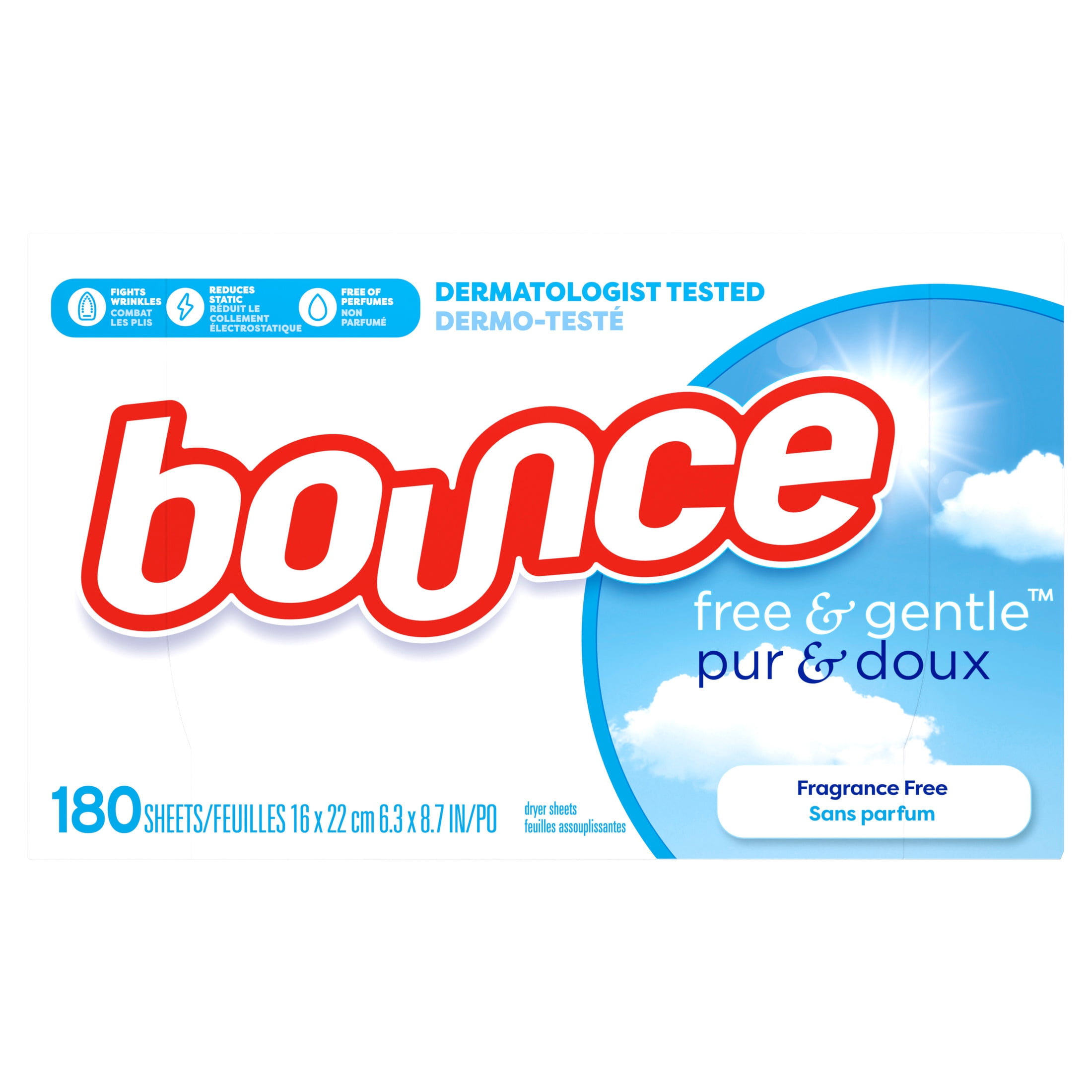 Bounce Dryer Sheets, Free & Gentle, Unscented, 180 Count