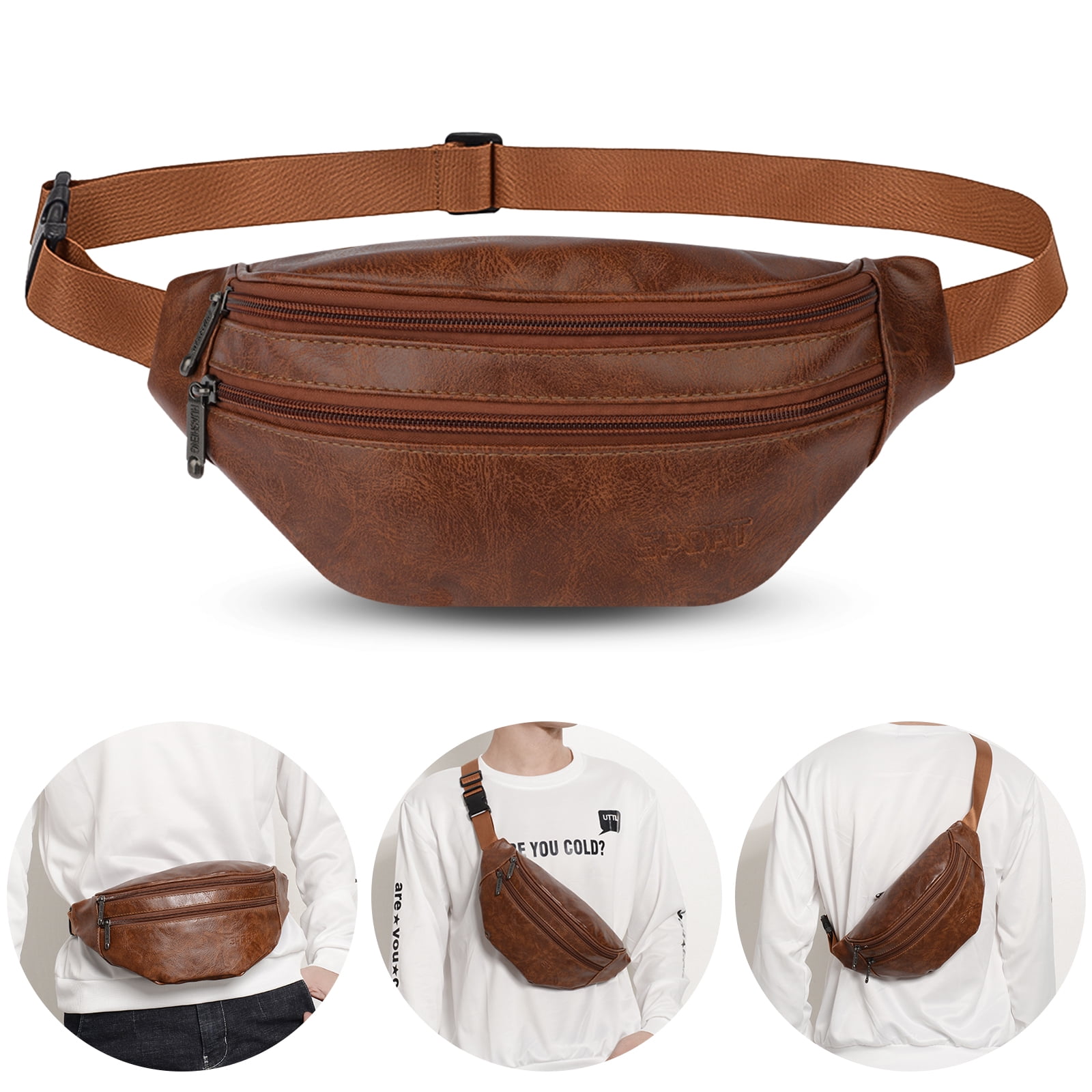 Leather Waist Bag Fanny Pack, Leather Fanny Pack for Men and Women,  Multifunction Waterproof Leather Hip Belt Bag Travel Pouch, Black/ Brown