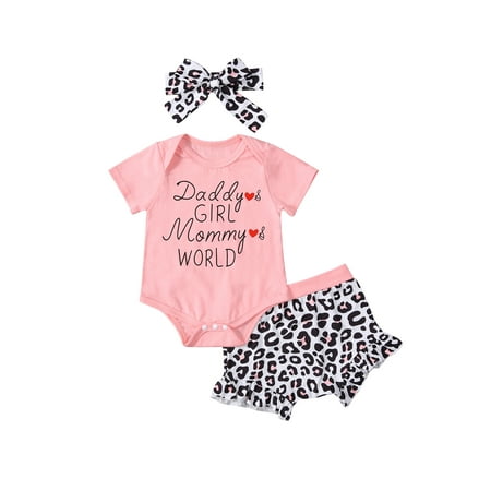 

jaweiw 3 Pieces Kids Girls Clothes Set Letter Print O-Neck Short Sleeve Romper+ Leopard Print Pants+ Headband for Girls 3-18 Months