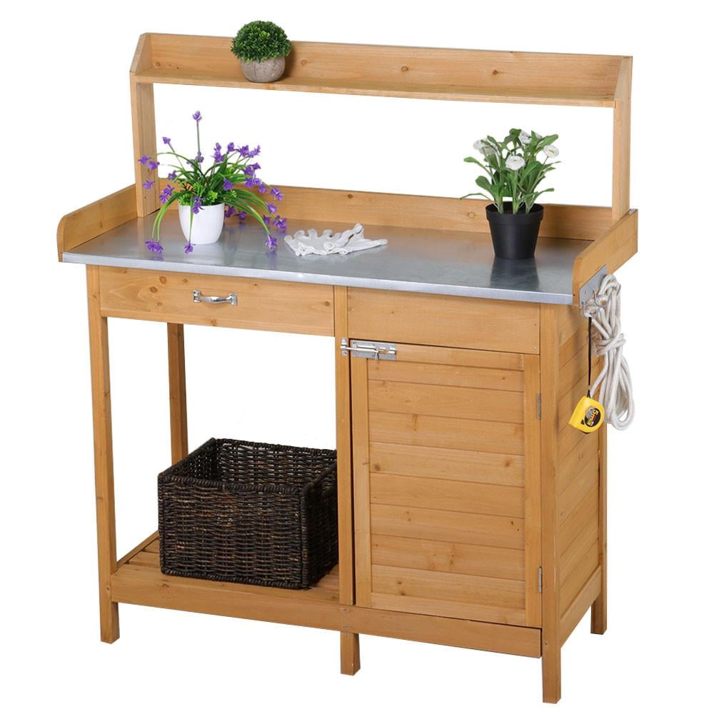 Easyfashion Garden Potting Bench with Cabinet Drawer Open Shelf,Wood