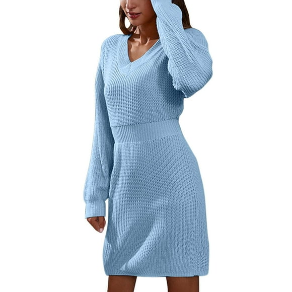Women's V Neck Shoulder Drop Sweater Dress Long Sleeve Waistband Woolen Knitted Dress Autumn Winter Fashion Casual Comfortable