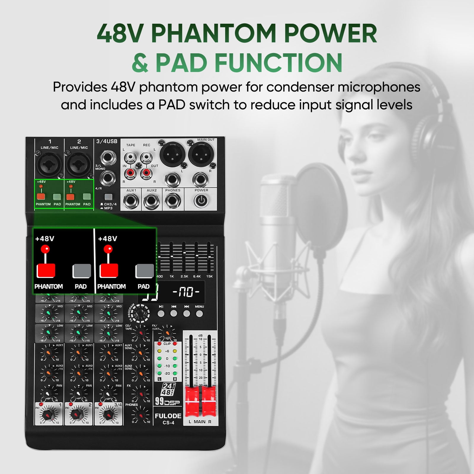 Audio Mixer 4 Channel Sound Mixer Console, Professional Music Mixing Board DJ Mixer w/ 99 DSP, 7-band EQ, USB, Bluetooth, 48V Phantom Power & PAD Function for Recording PA Live Live Streaming