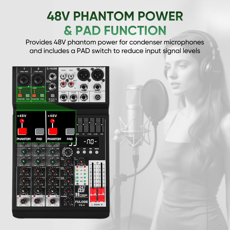 Audio Mixer 4 Channel Sound Mixer Console, Professional Music