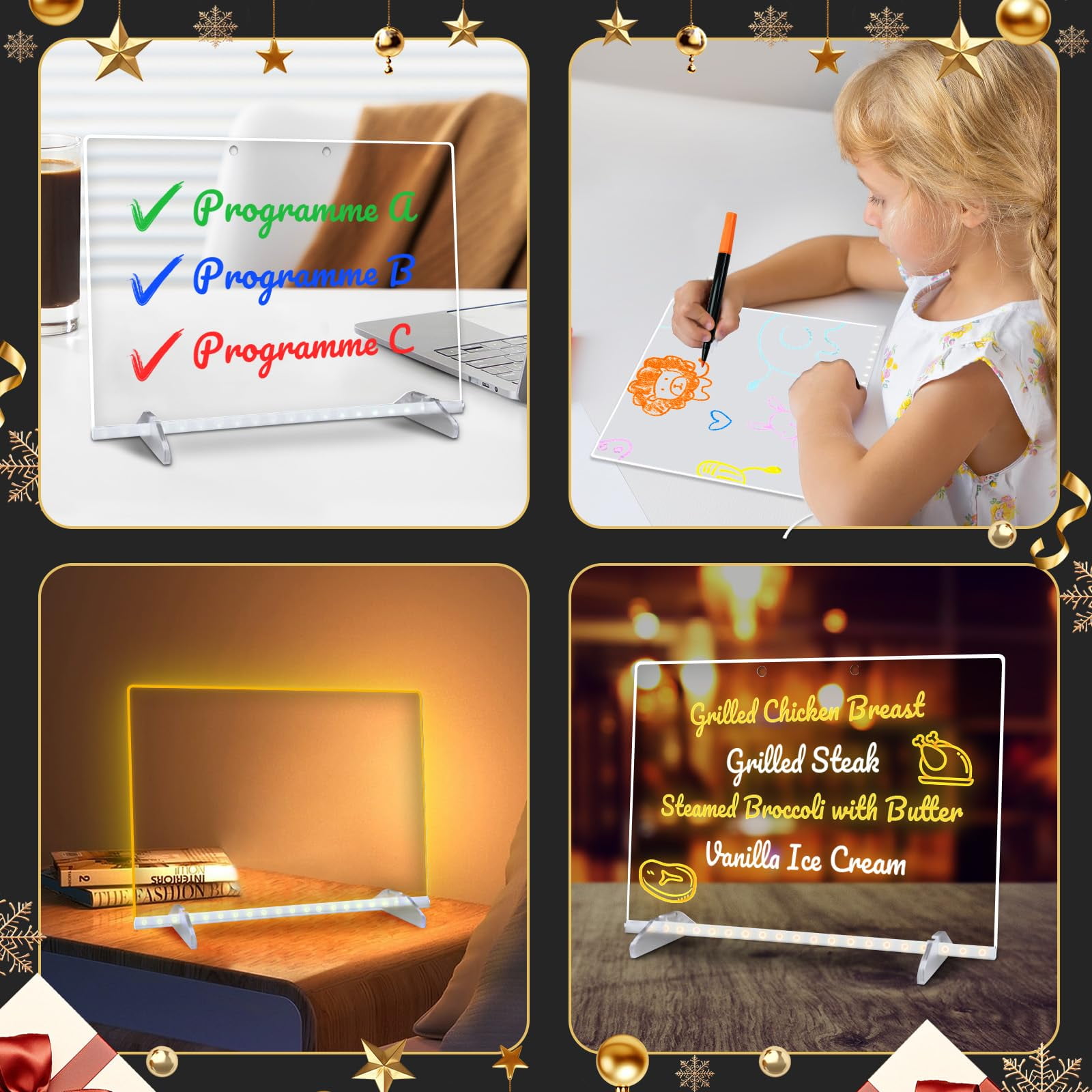 LED Note Board with Colors, 13.7"X10" 4 Modes &7 Colors Acrylic Dry Erase Boards with Light, Include Adapter, Hanging Chain, Led Drawing Board for Kids with Stand,7 Markers, Spray Bottle