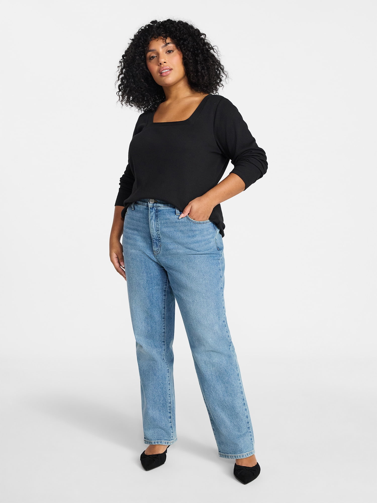 Terra & Sky Women's Plus Size Long Sleeve Square Neck Rib Top, Sizes 0X-5X