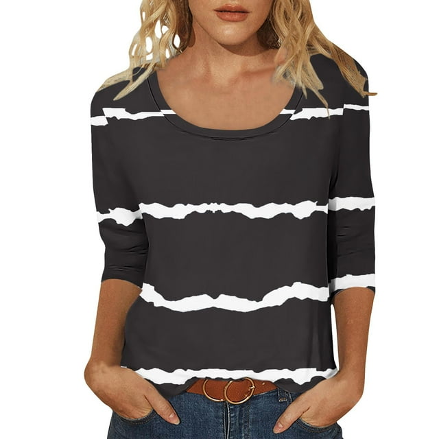 Liquidation Économies Col Rond Manches 3/4 T-Shirts pour Femmes Tunique Dégradée Décontractée Élégante Hauts à Blocs de Couleur Unie Blouses Rayures d'Été