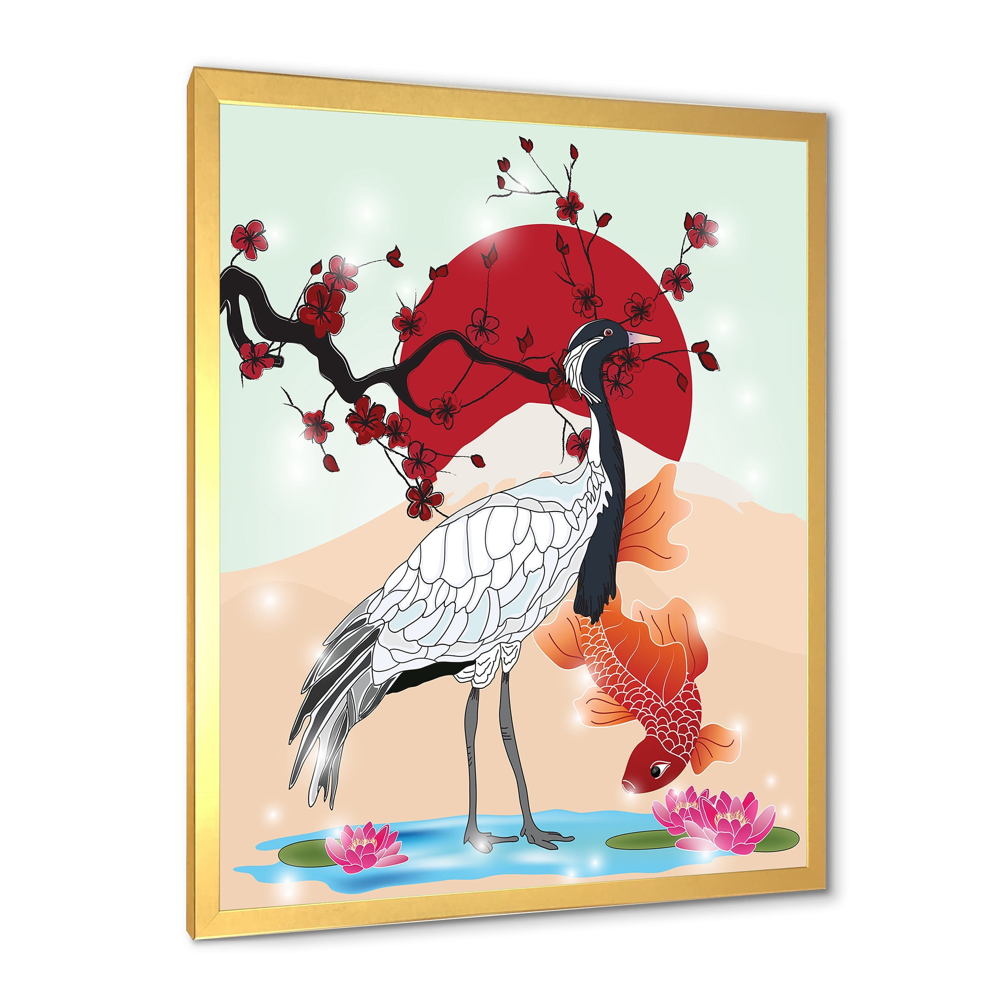 Designart 'Koi Fish With Crane Bird' Farmhouse Framed Art Print