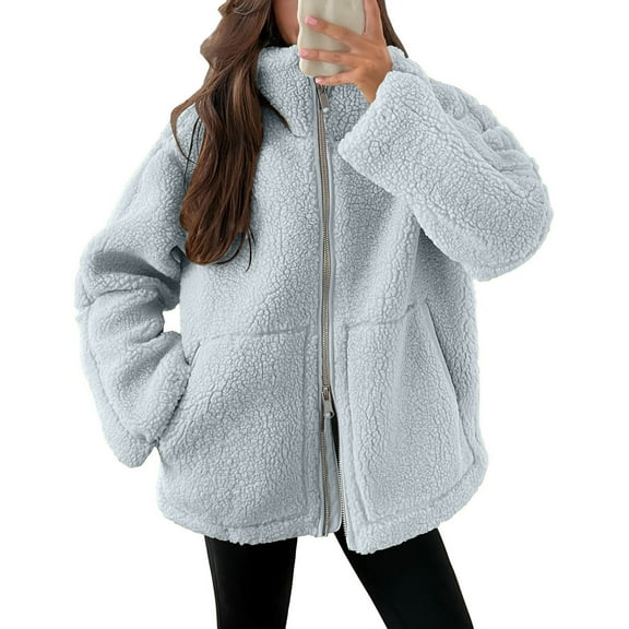 Plus Size Fleece Jackets for Womens Winter Warm Fashion Solid Color Faux Coats Long Sleeve Lapel Pockets Fleece Jacket Casual Trendy Outerwear