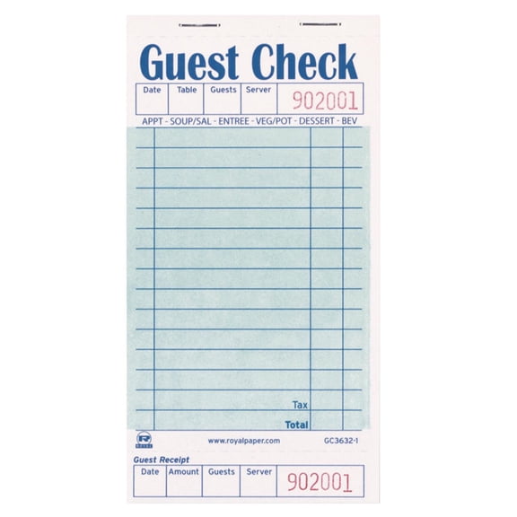 Royal Green Guest Check Board, 1 Part Booked with 15 Lines, Case of 50 Books