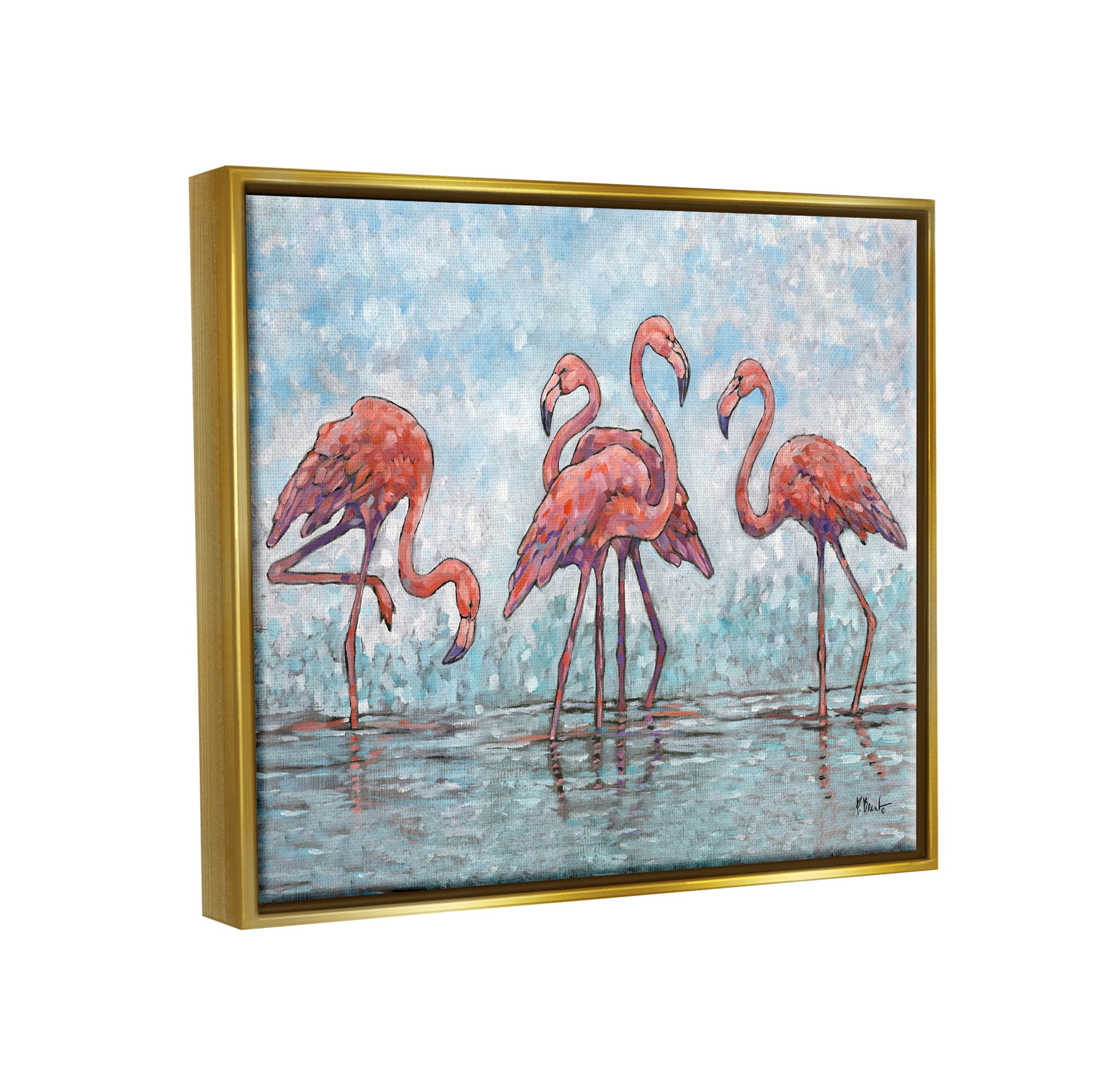 Stupell Industries Flamingos in Lagoon Impressionist Style Painting Metallic Gold Floating Framed Canvas Print Wall Art, Design by Paul Brent