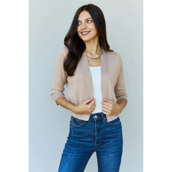 Doublju My Favorite Full Size 3/4 Sleeve Cropped Cardigan in Khaki