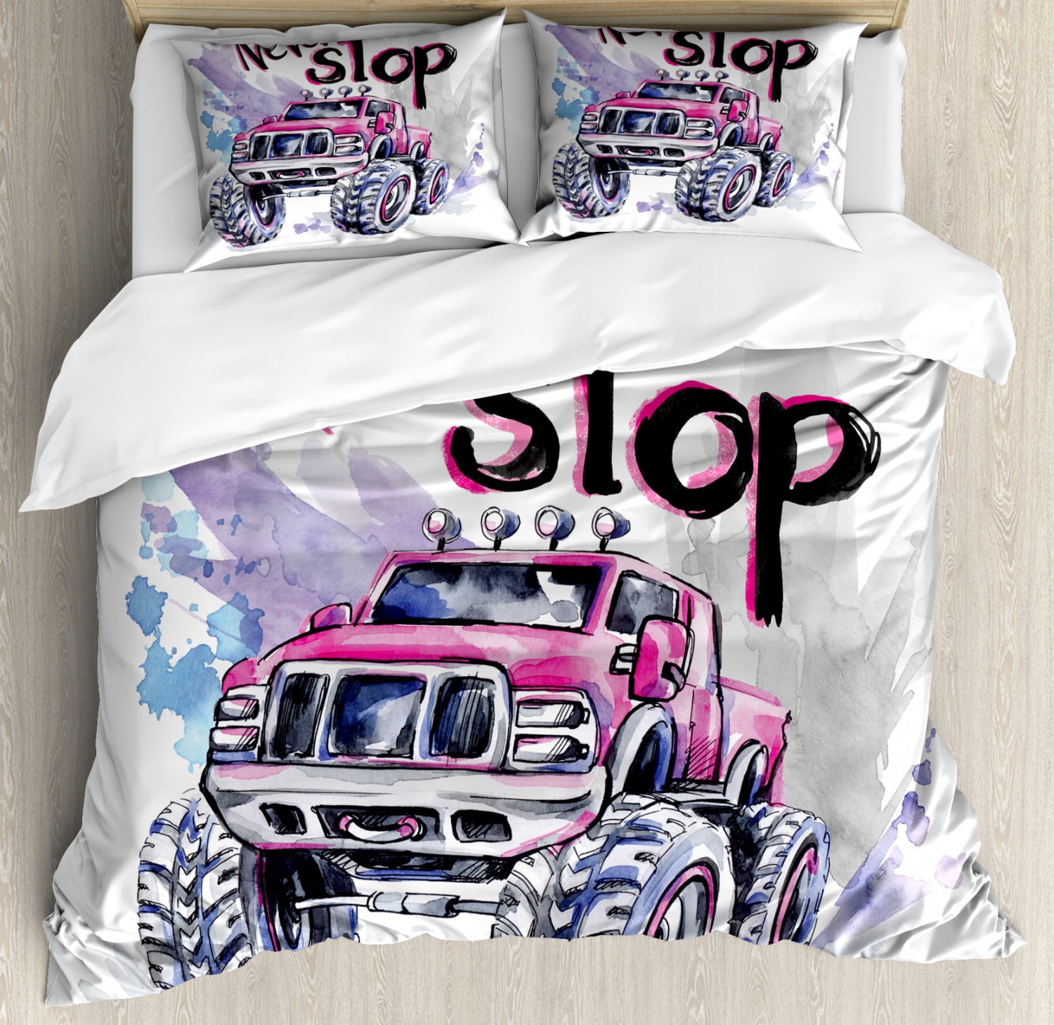 Monster Truck Duvet Cover Set Queen Size, Watercolor Monster Car in