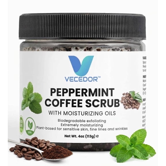 VECEDOR Peppermint Coffee Scrub – Exfoliating Body  Face Scrub for Smooth, Glowing Skin – Natural Moisturizing  Cellulite Care, 4oz