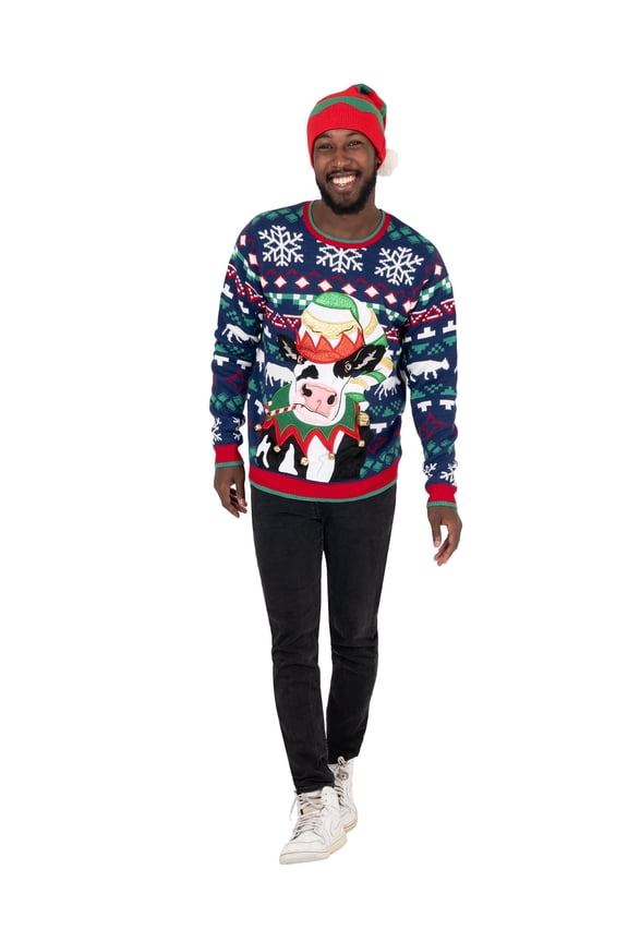 Men's Elf Cow Pullover Christmas Sweater, Sizes S-XL