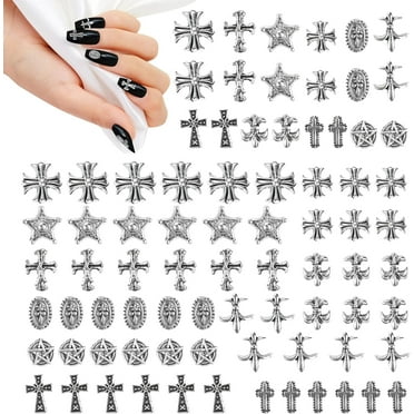 thovorrnl 3D Nail Charms and Gems, 80-Piece Vintage Silver Crosses & Stars Charms for Nails Design