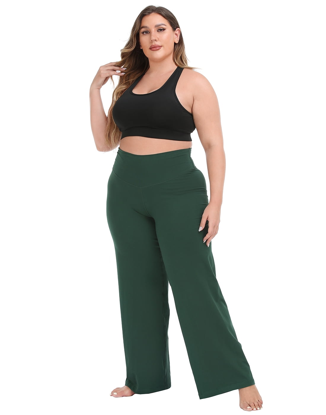 HDE Women's Plus Size Yoga Pants High Waisted Wide Leg Leggings Dark Green  2X 