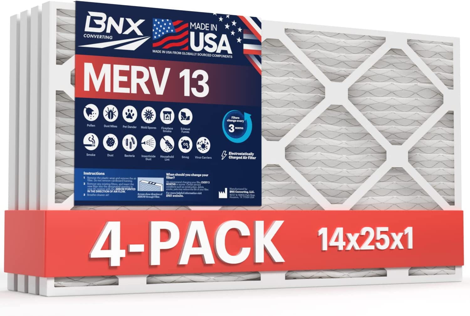 BNX 14x25x1 MERV 13 Air Filter 4 Pack MADE IN USA Electrostatic