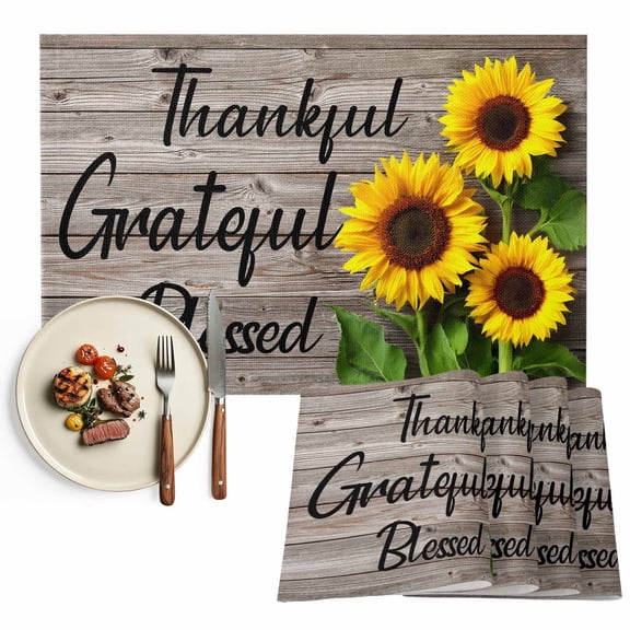 Farmhouse Sunflower Placemats Set of 4, Positive Quotes Thankful Grateful Table Mats Washable Heat-Resistant Non-Slip Place Mats for Kitchen Dinner Table Indoor Outdoor Decor,13x19 Inch