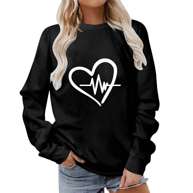Besolor Womens Fall Spring Sweatshirt Heart Printed Crewneck Long Sleeve Tops Casual Loose Plus Size Pullover Blouse