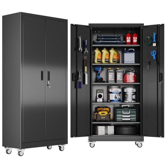 Pemberly Row 72" Metal Storage Cabinet with Wheels and 5 Shelves in Black