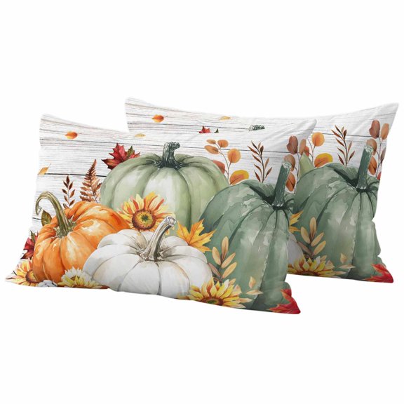Lumbar Pillow Covers 12 x 20 Inches, Green Orange Fall Waterproof Throw Pillow Cover Set of 2, Pumpkins Botanical Thanksgiving Vintage Decorative Rectangle Cushion Covers for Patio/Tent/Couch/Garden