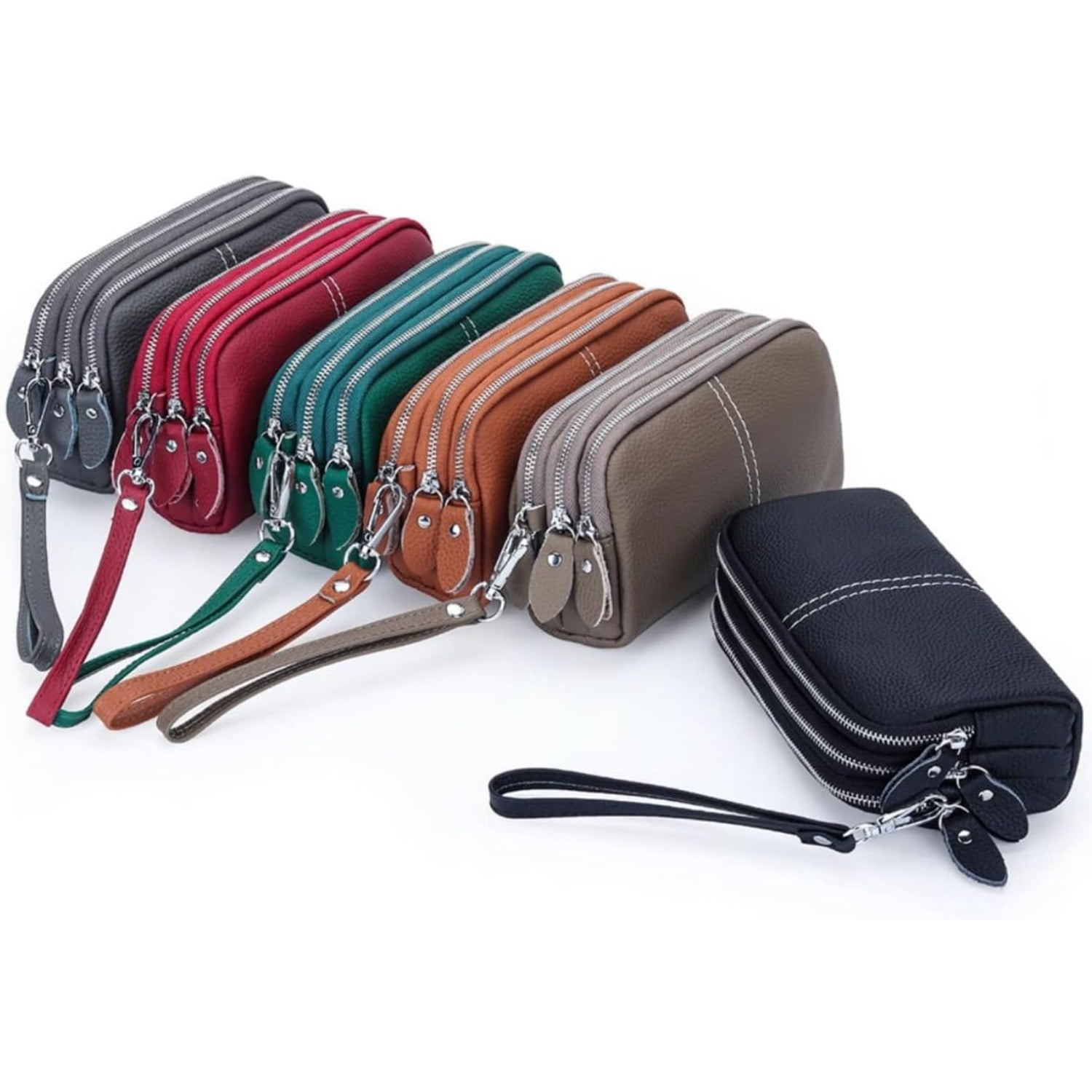 Genuine Leather Clutch Wallet Triple Zipper Purse for Women Wristlet Cell Phone Clutch Bag Purse