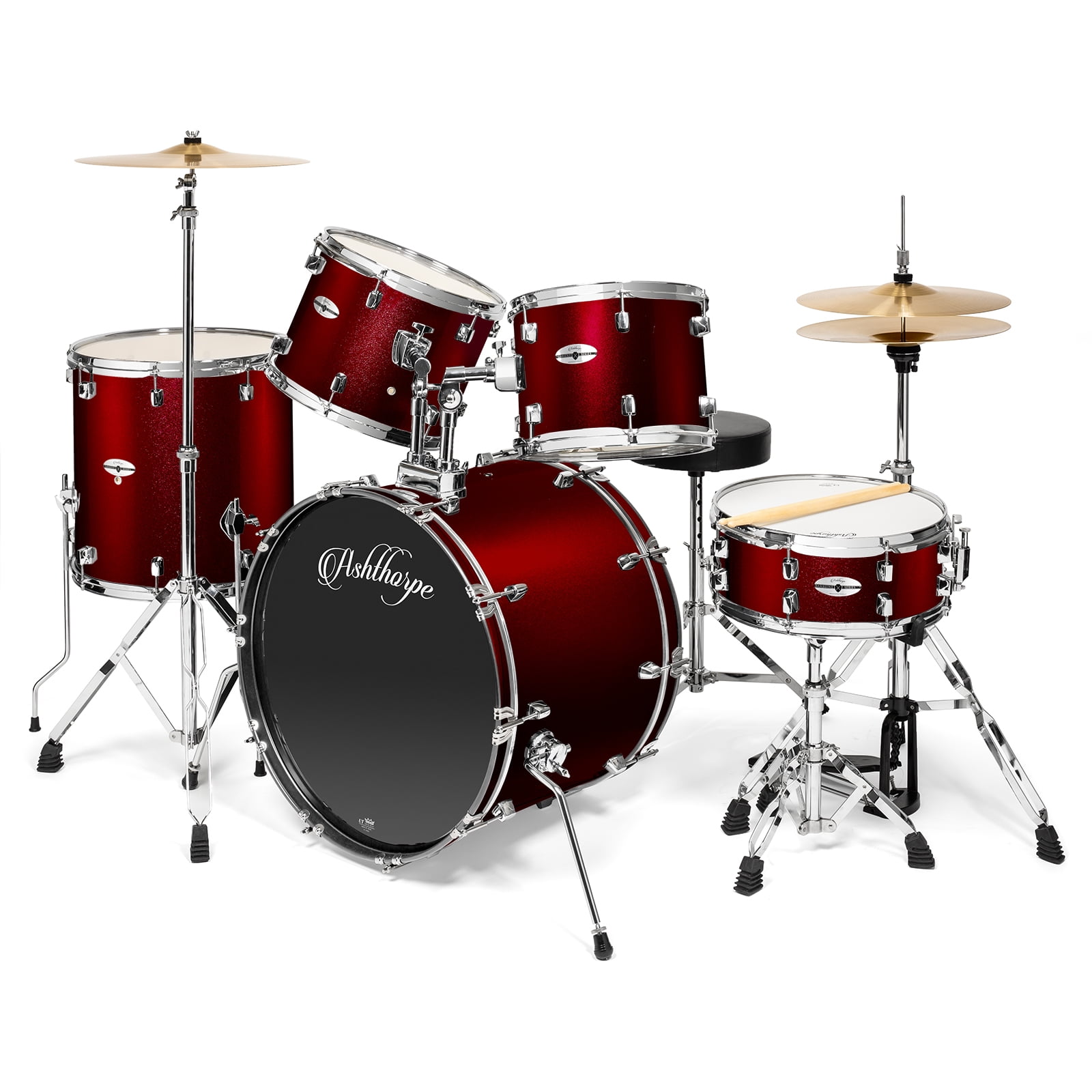Ashthorpe 5-Piece Full Size Adult Drum Set with Remo Heads and Premium  Brass Cymbals Complete Professional Percussion Kit, Chrome Hardware, Red -  Walmart.com
