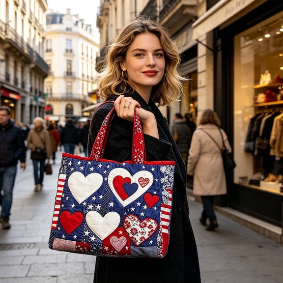 Floral American Flag Print Quilted Tote Patchwork 250 Anniversary USA 4th of July Patriotic Shoulder Bag Daily Handbag