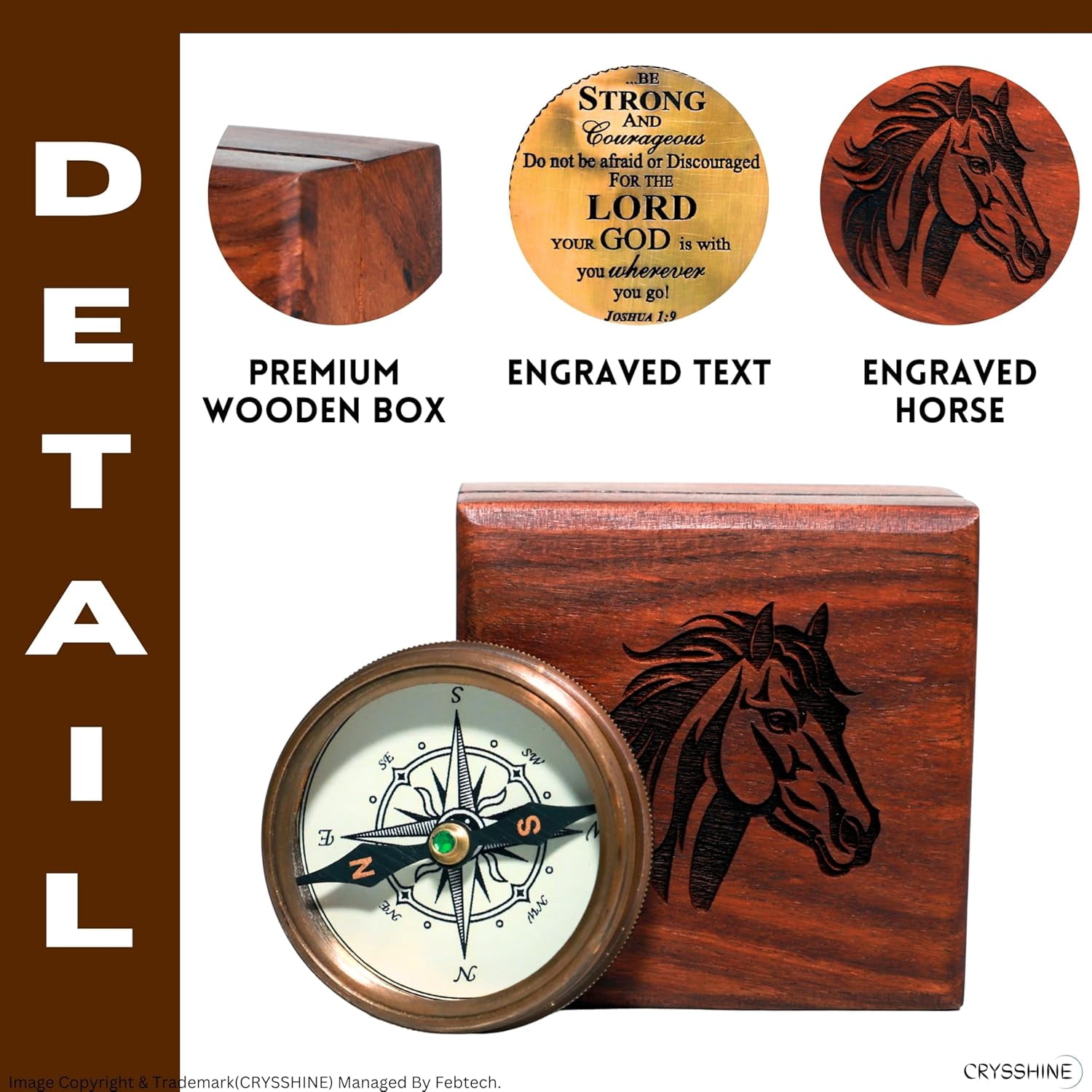 Navy Collection Compass -2 Inches with Wooden Storage Box – Detailed Horse Engraving on Both Compass and Box – Ideal for Collectors and Gifts
