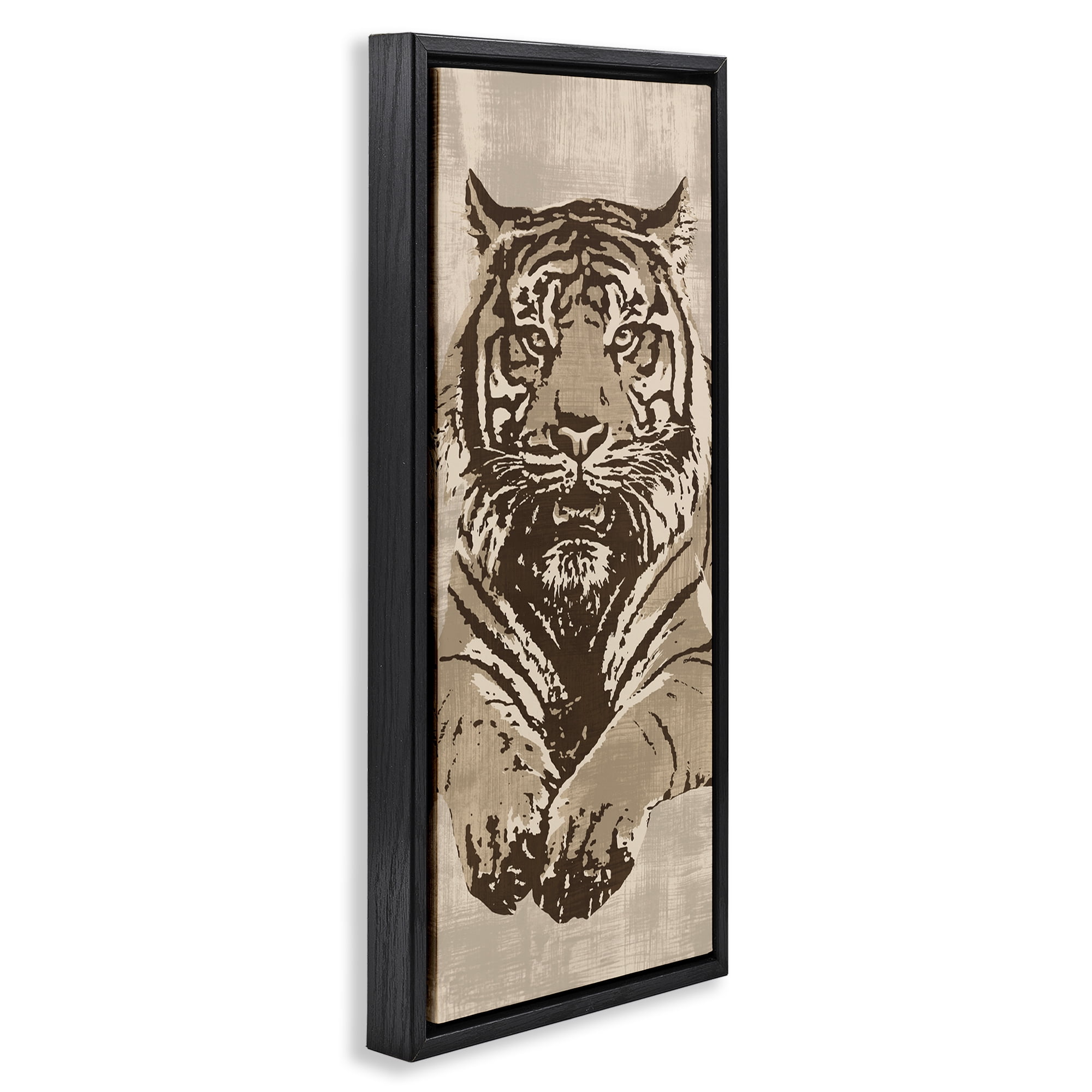 Stupell Industries Fierce Tiger Baring Teeth Animals Painting Black Floater Framed Canvas Art Print Wall Art, 11 x 25