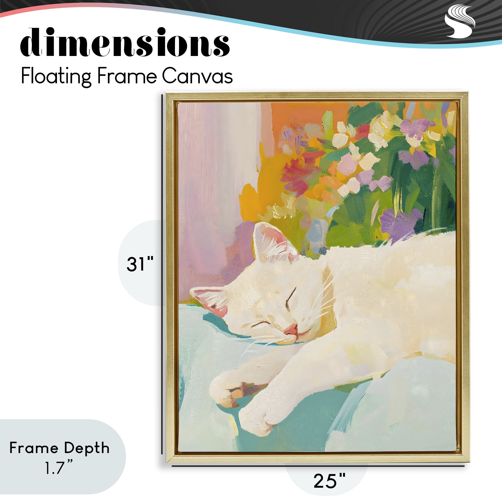 Stupell Industries Sleeping Cat with Flowers Gold Framed Floater Canvas Wall Art, design by The Prints Vibe