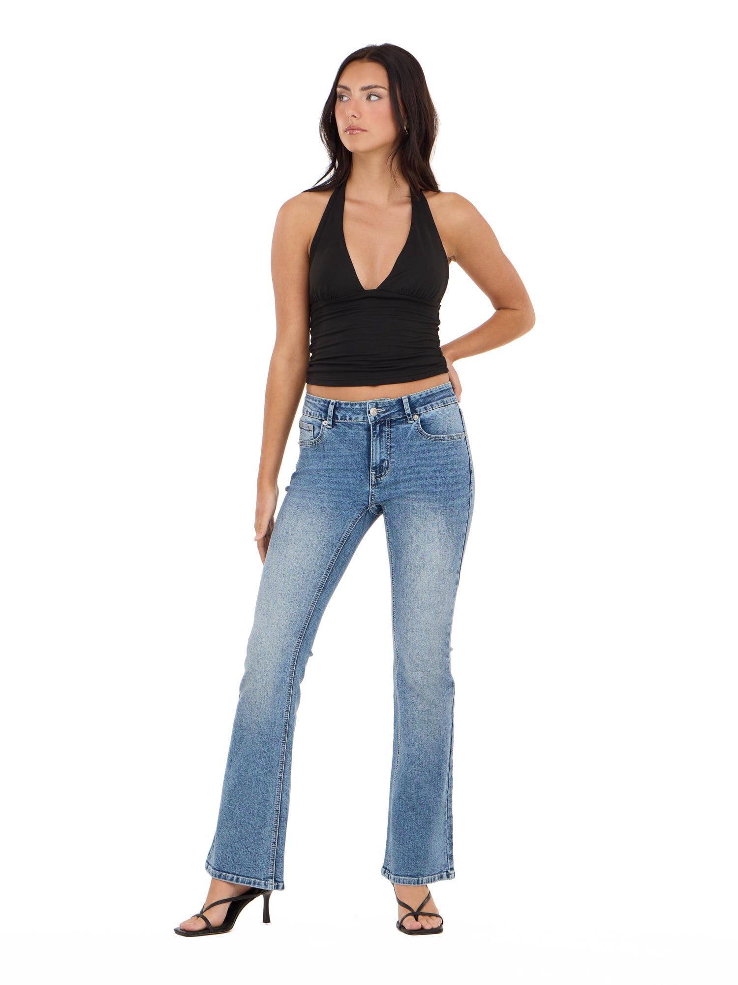 Forever 21 Women's and Women's Plus Mid Rise Bootcut Denim Pants with Rhinestone and Embroidered Back Pockets, Fitted Stretch Jeans, Vintage Wash Casual Style, Blue, 00-4X