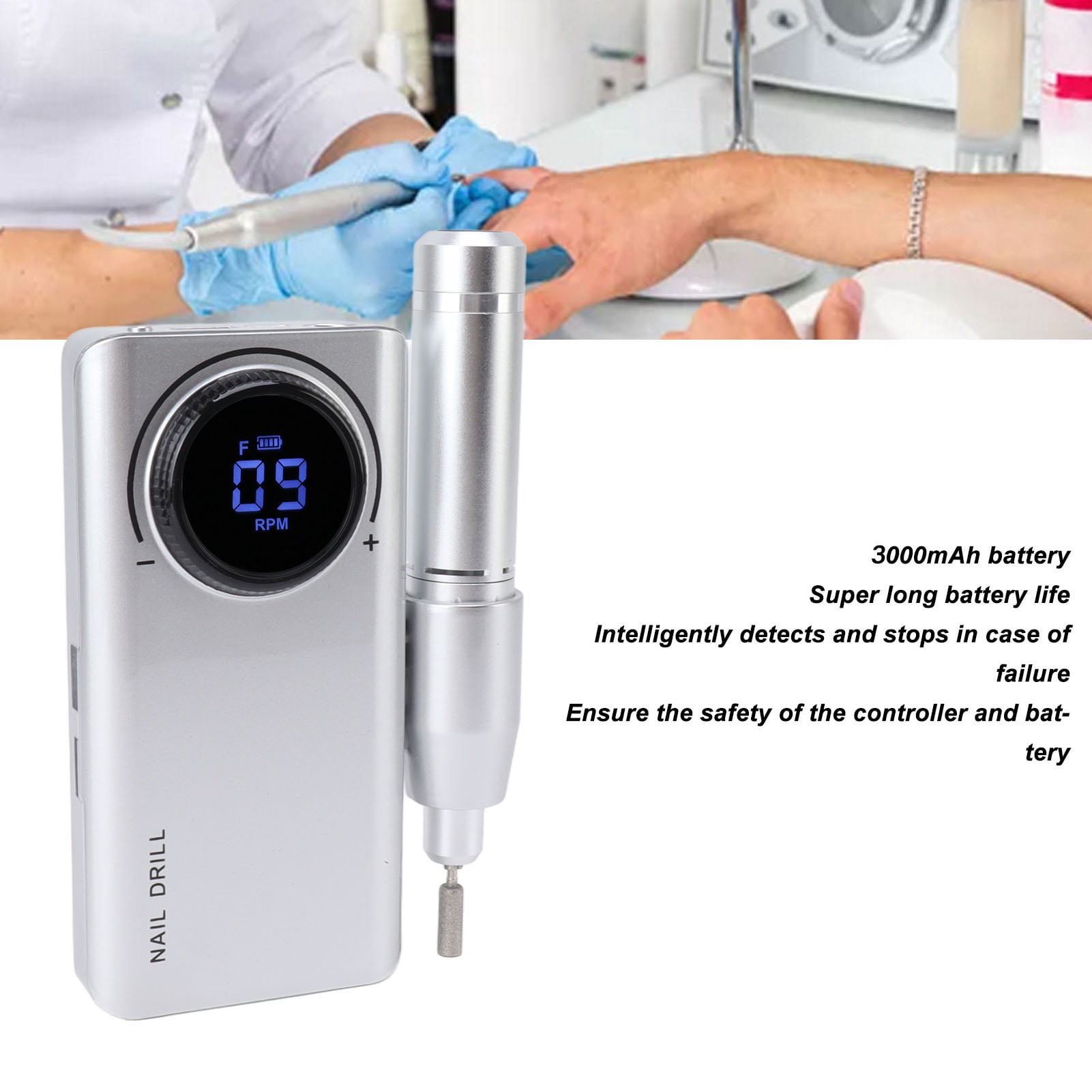 Rupoun Electric Nail Drill Machine 35000RPM Rechargeable Efile Nail Polishing Grinding Equipment with LED Display Portable Professional Salon Set Silver (8.66 inches / 22 cm)