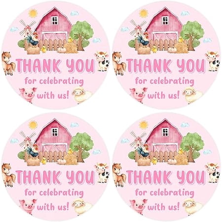 Farm Animal Theme Party Supply Barn Animal Thank You Stickers 80pcs Pink Farm Animal Thank You Sticker for Girl Waterproof Sticker for Barnyard Birthday Baby Shower Thank You Label