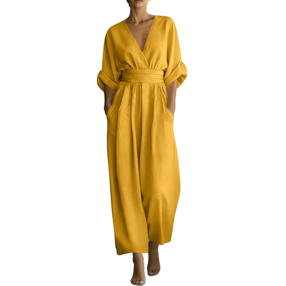 Jumpsuits for Women V Neck 5/4 Sleeve Tighten Waist Wide Leg Jumpsuit Loose Flowy Solid Color Jumpsuit with Pockets Trendy Outfits Clothes