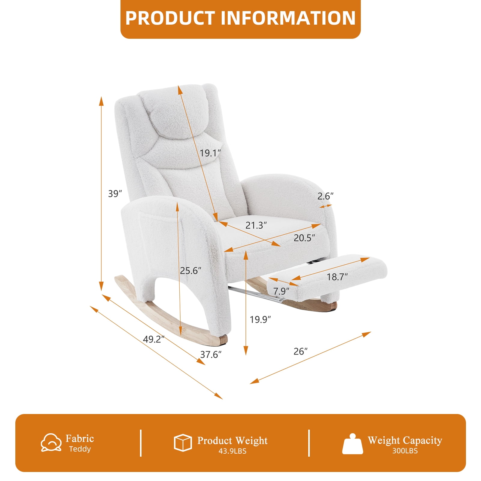 ALAKFORM Rocking Chair Nursery with Foot Rest,Upholstered Teddy Glider Rocker with Wood Legs, Nursing Rocking Chair Indoor for Living Room/Nursery,Ivory