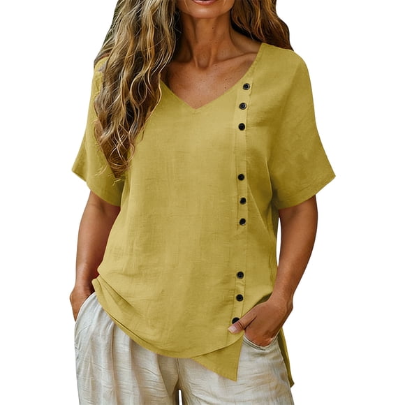 Camisas de Lino con Cuello en V para Mujer, Modernas, con Botones, Suéter Tipo Pulóver, Tops de Color Sólido, Corte Holgado, Blusa Casual, Playera, Amarillo M