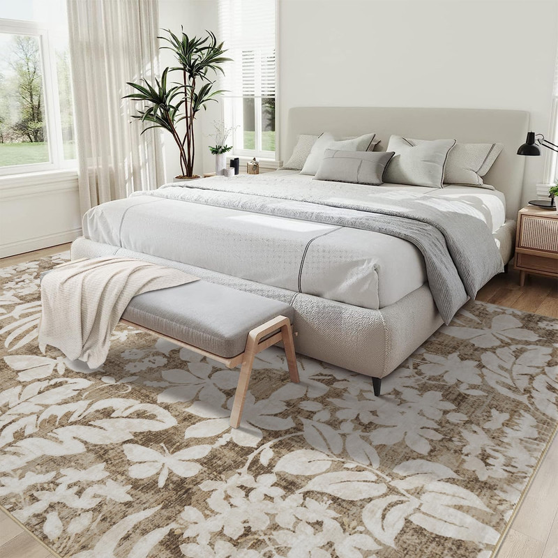 Washable 5x7 Area Rugs for Living Room Non-Slip Soft Modern Botanical Floral Rugs Accent Floor Carpet for Bedroom Dining Room Brown