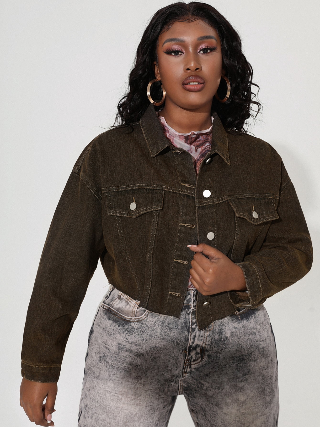 Casual Women's Plus Drop Shoulder Denim 